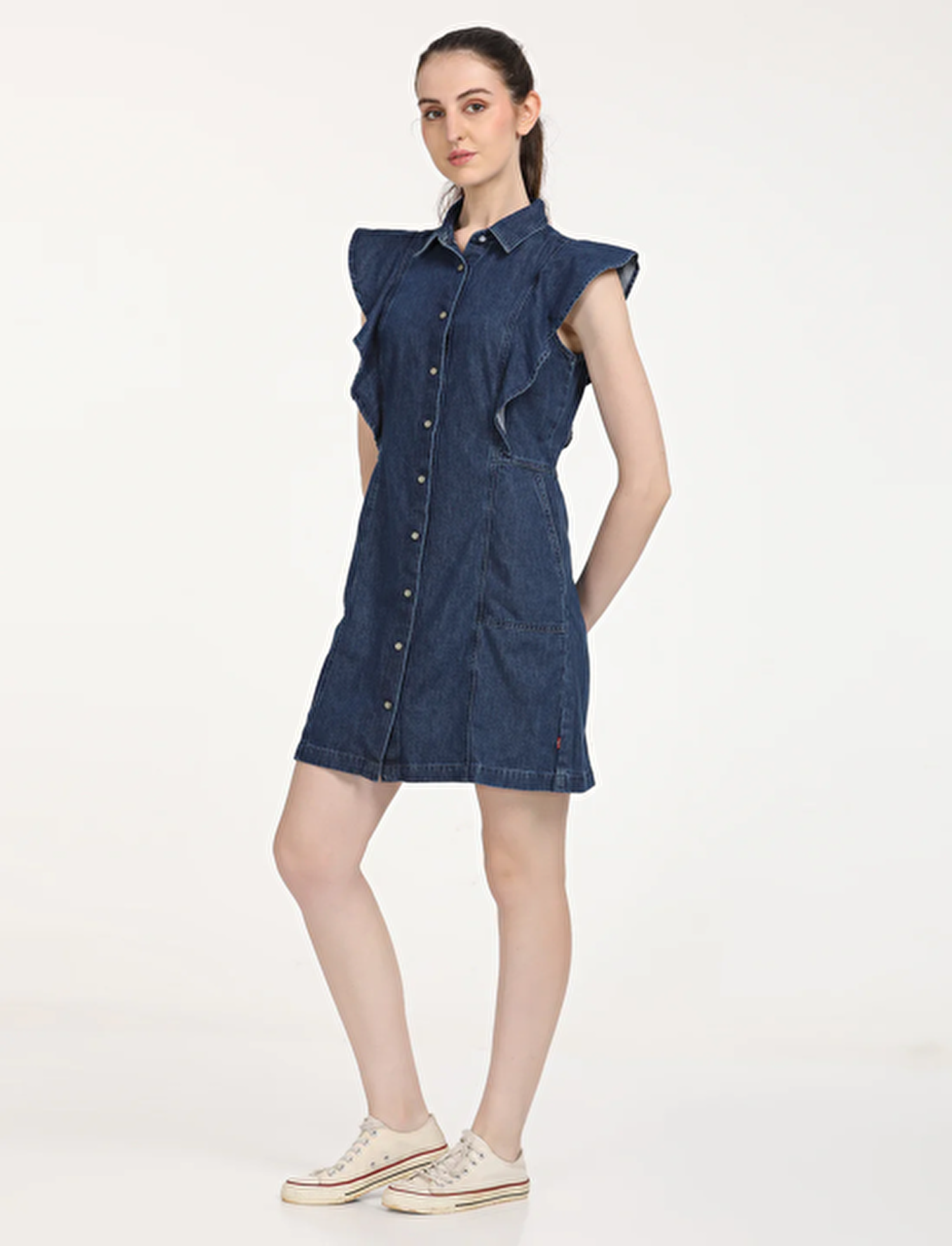 Solid Blue Spread Collar Kadın Denim Elbise