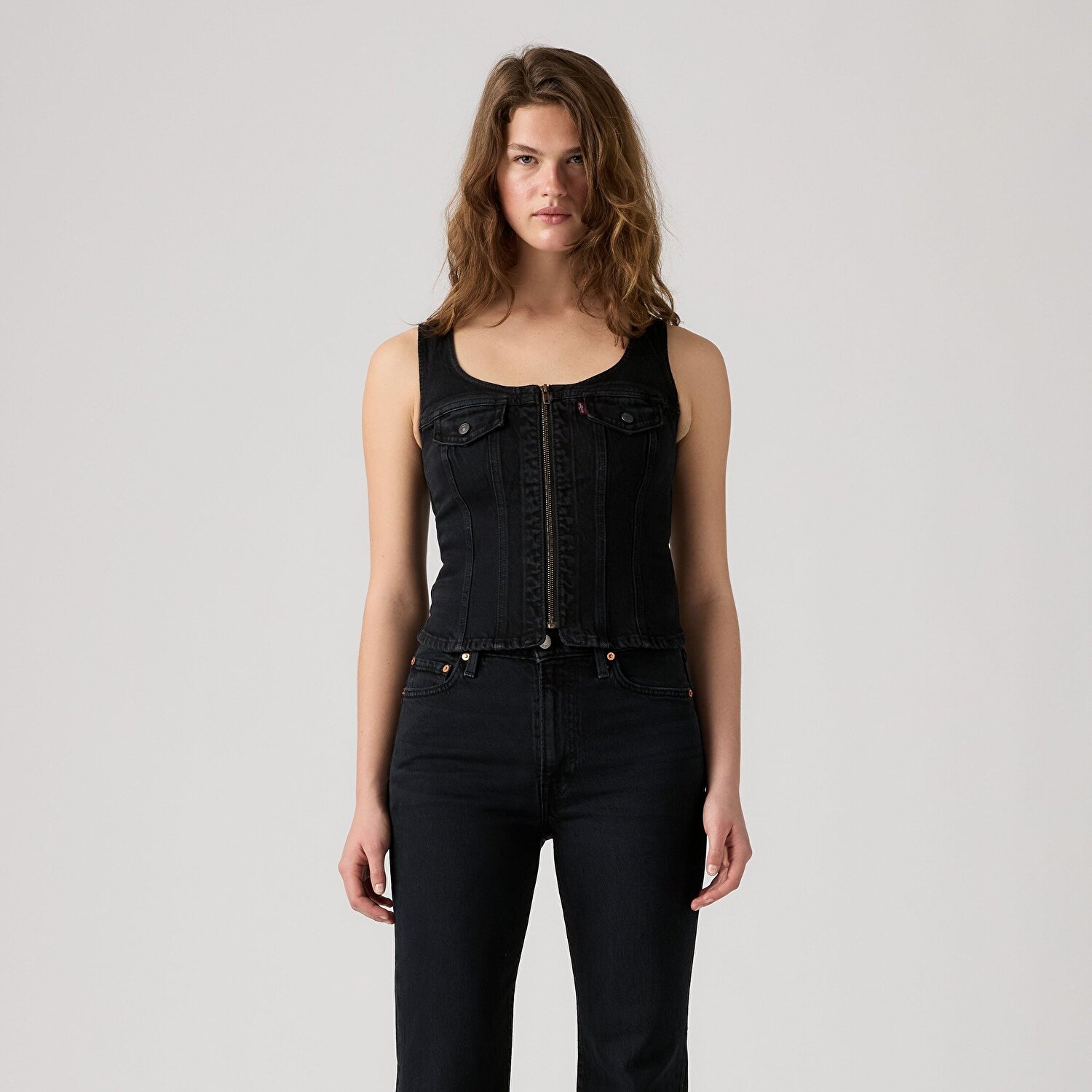 Vintage Fermuarlı Denim Yelek