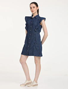 Solid Blue Spread Collar Kadın Denim Elbise