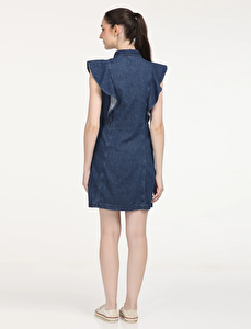 Solid Blue Spread Collar Kadın Denim Elbise