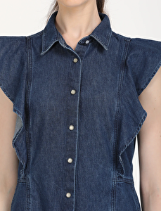 Solid Blue Spread Collar Kadın Denim Elbise