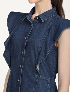 Solid Blue Spread Collar Kadın Denim Elbise