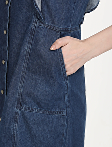 Solid Blue Spread Collar Kadın Denim Elbise