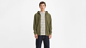 Original Erkek Yeşil Fermuarlı Kapüşonlu Sweatshirt
