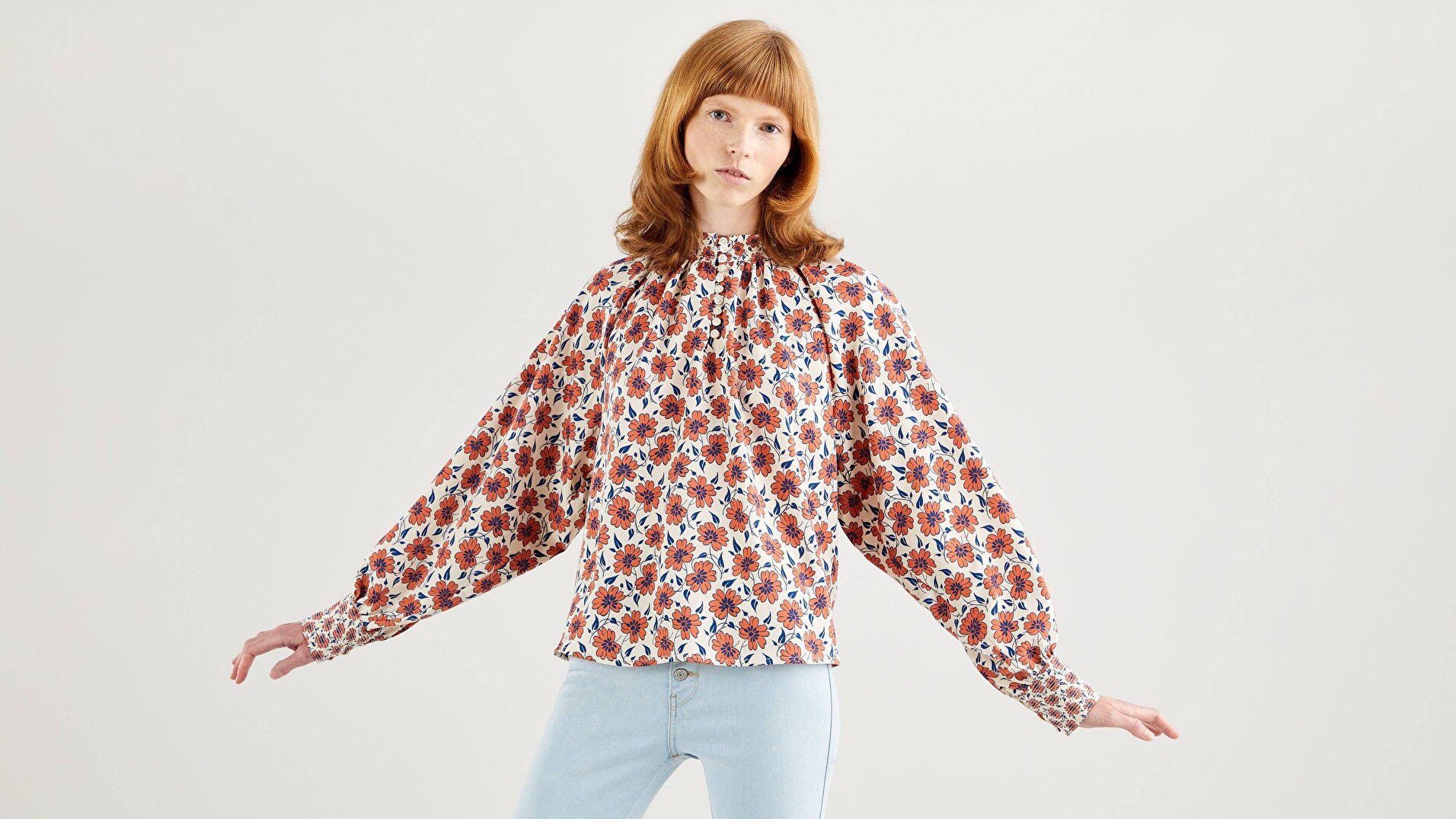 Gillian Mock Neck Ls Top Small Folksy Floral Gri Kadın Gömlek