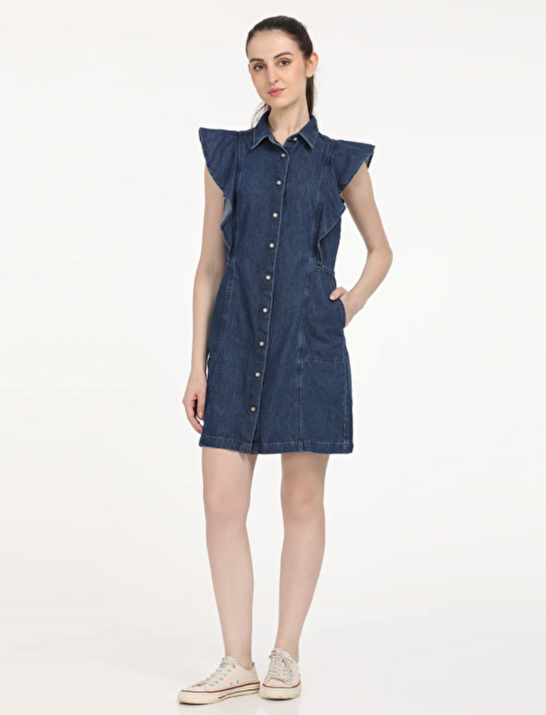 Solid Blue Spread Collar Kadın Denim Elbise