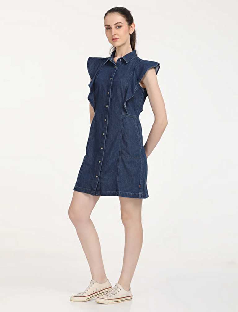 Solid Blue Spread Collar Kadın Denim Elbise