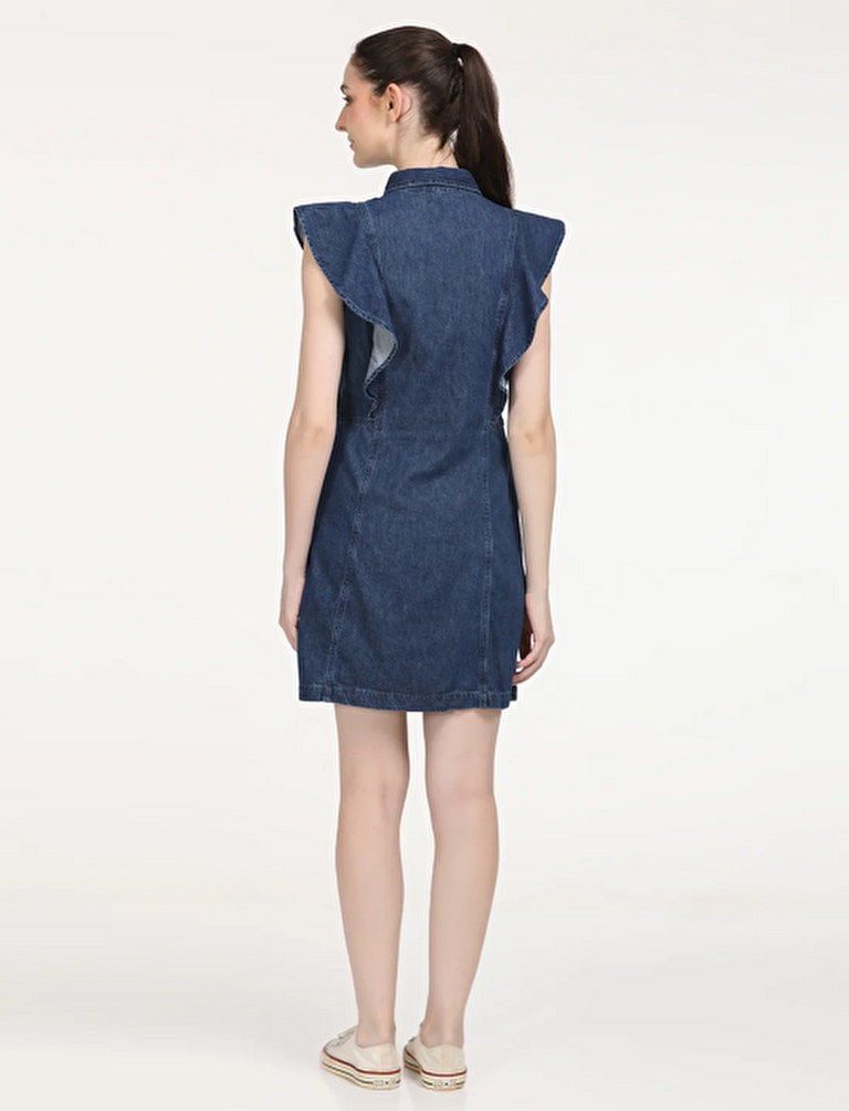 Solid Blue Spread Collar Kadın Denim Elbise