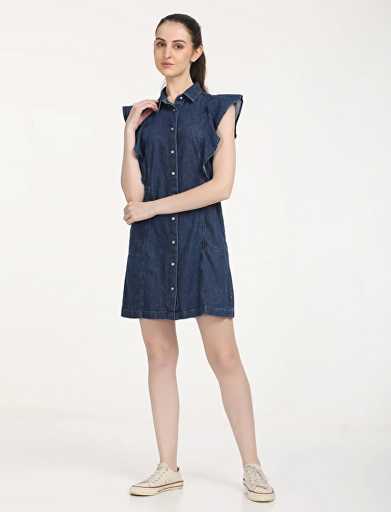 Solid Blue Spread Collar Kadın Denim Elbise
