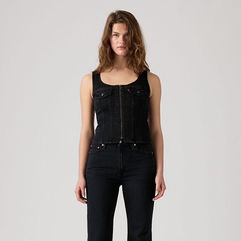 Vintage Fermuarlı Denim Yelek