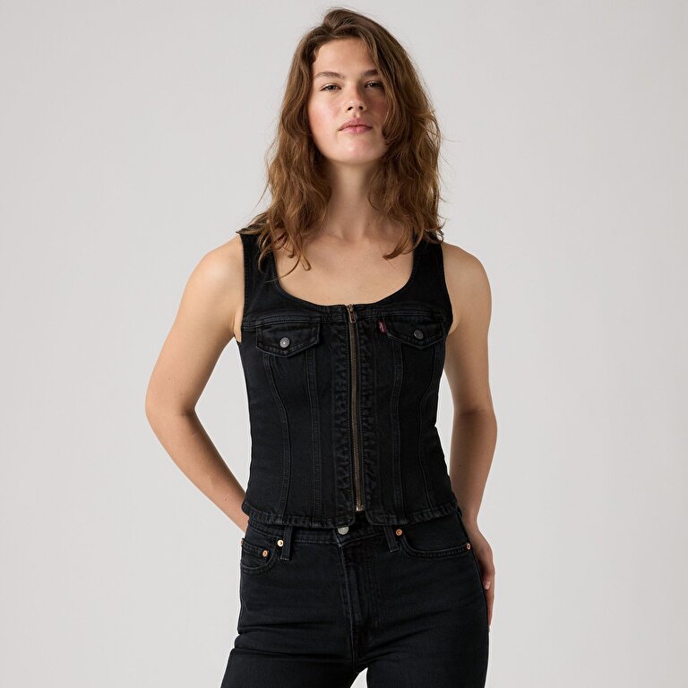 Vintage Fermuarlı Denim Yelek