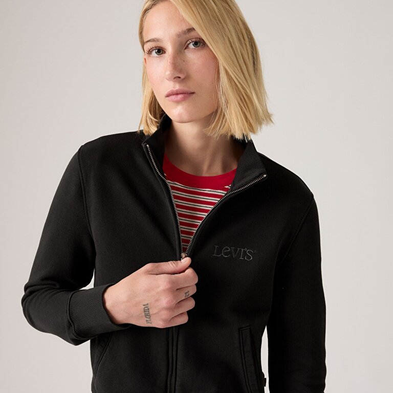 Graphic Slim Fit Fermuarlı Siyah Sweatshirt