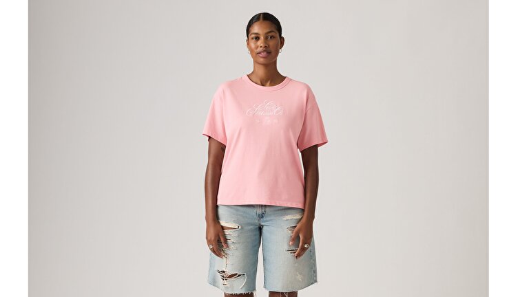 Vintage Baskılı Oversize Pembe Tişört