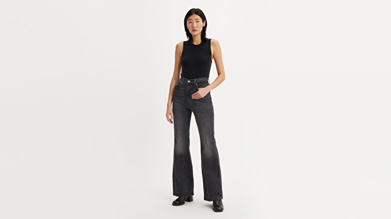 70's High Flare Kadın Jean Pantolon - Black Worn In