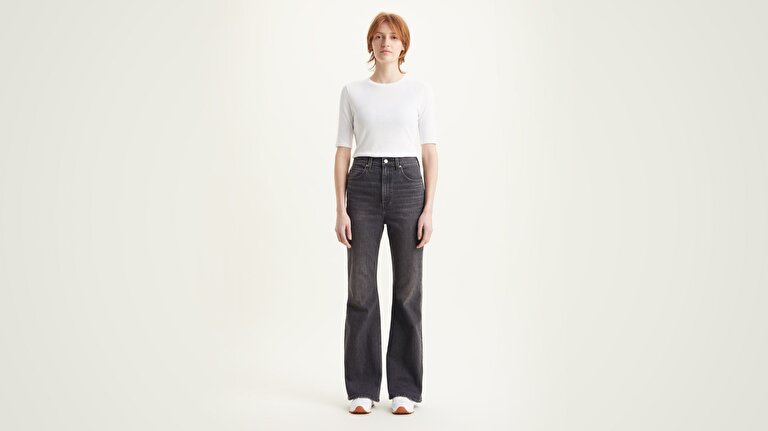 70's High Flare Kadın Jean Pantolon - Black Worn In
