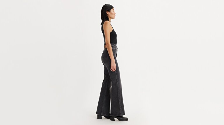 70's High Flare Kadın Jean Pantolon - Black Worn In