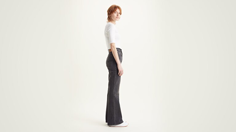 70's High Flare Kadın Jean Pantolon - Black Worn In