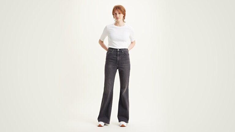 70's High Flare Kadın Jean Pantolon - Black Worn In